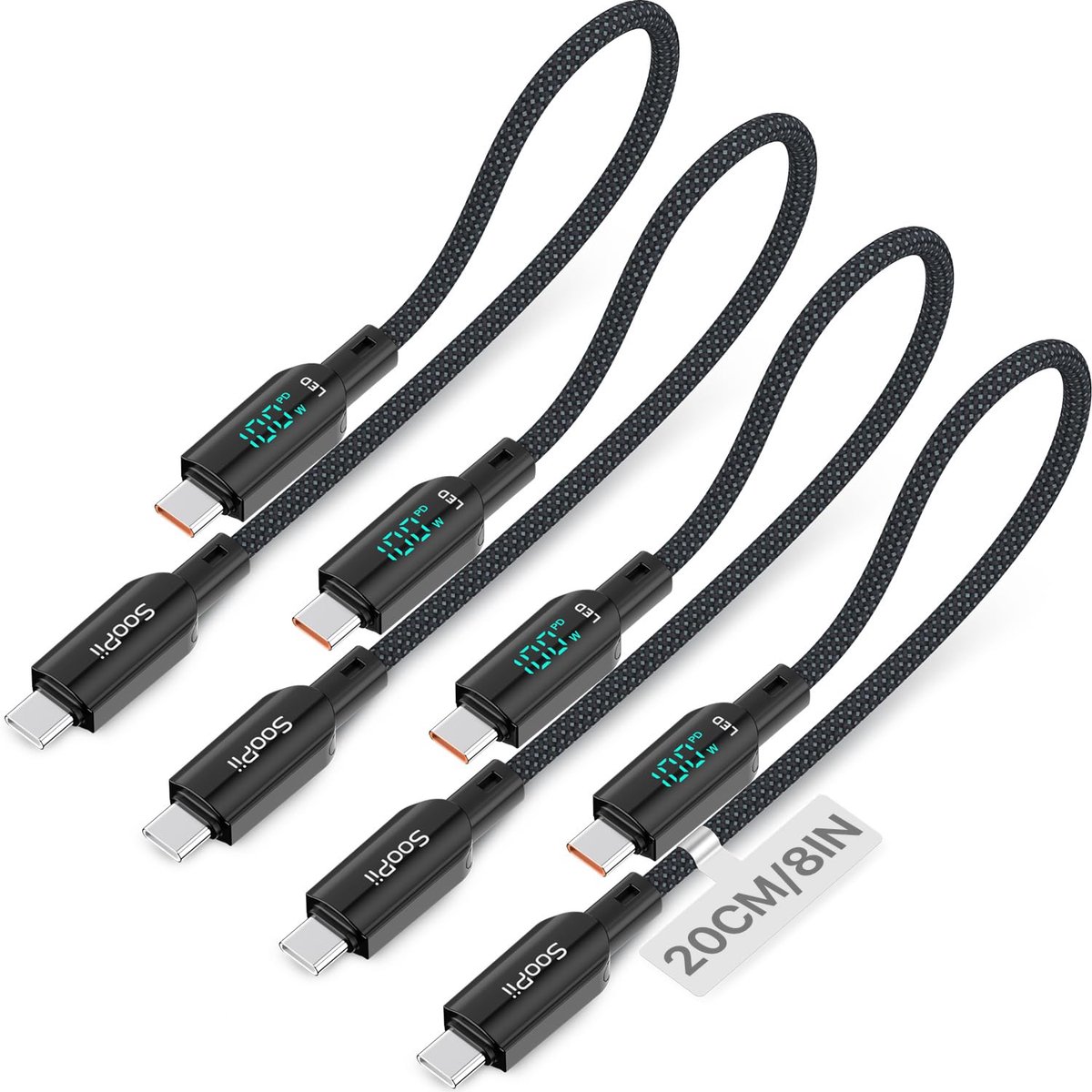 USB C kabel 0,7ft - nylon gevlochten - LED-display - ideaal voor opladen - SnelShoppen