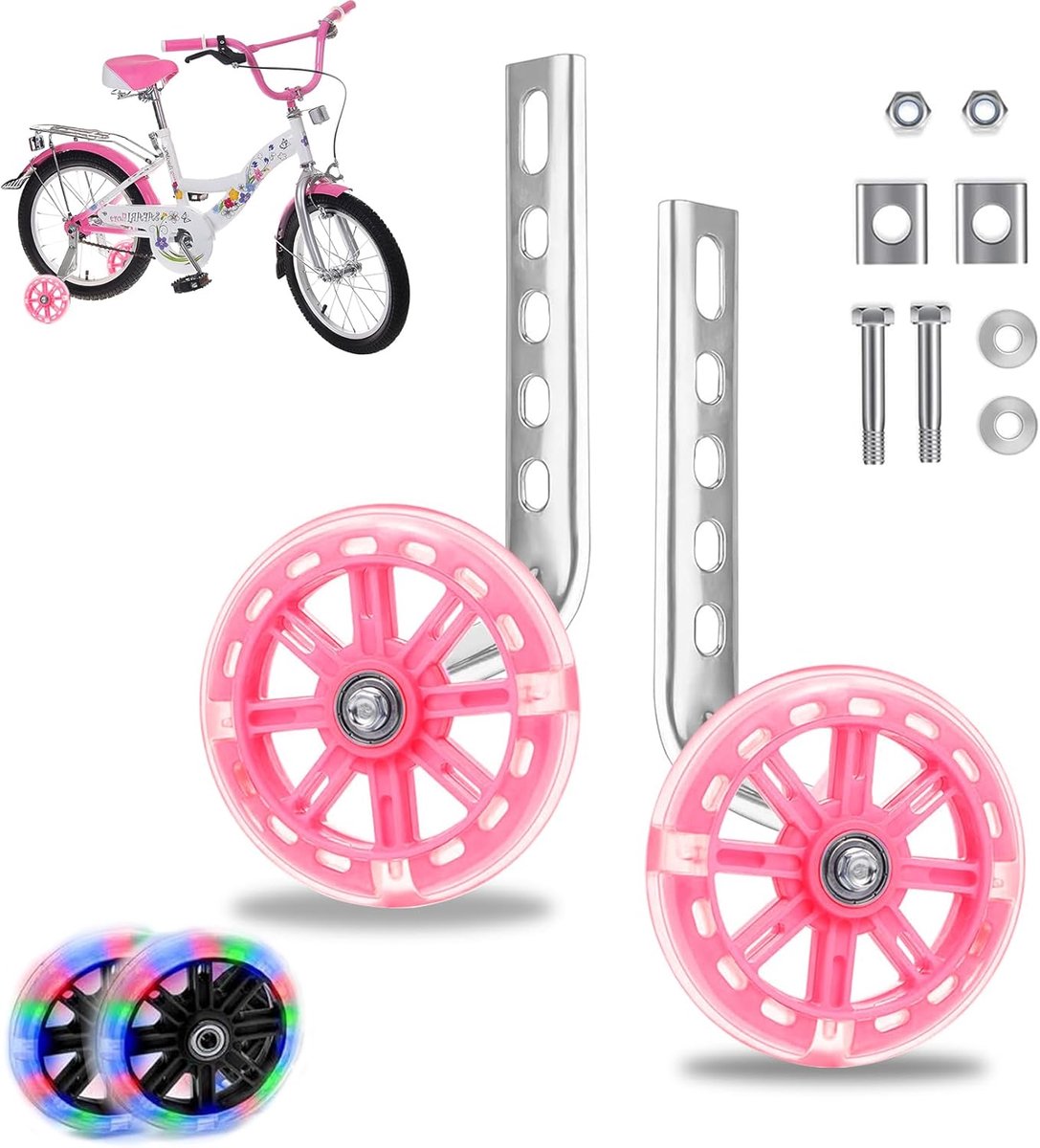 Fietssteunwielen universeel - 12-20 inch - roze Flash wielen - verhoogde stabiliteit voor kinderen - ShopVlot