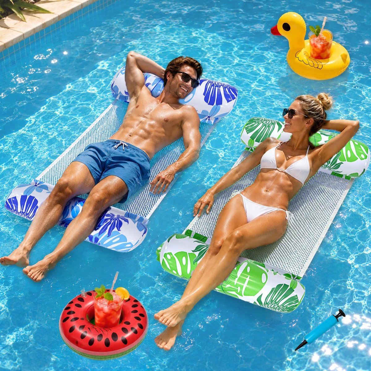 Opblaasbare zwembadhangmat 2-delig - met 2 bekerhouders - comfortabel relaxen - perfect voor zwembad - ShopVlot