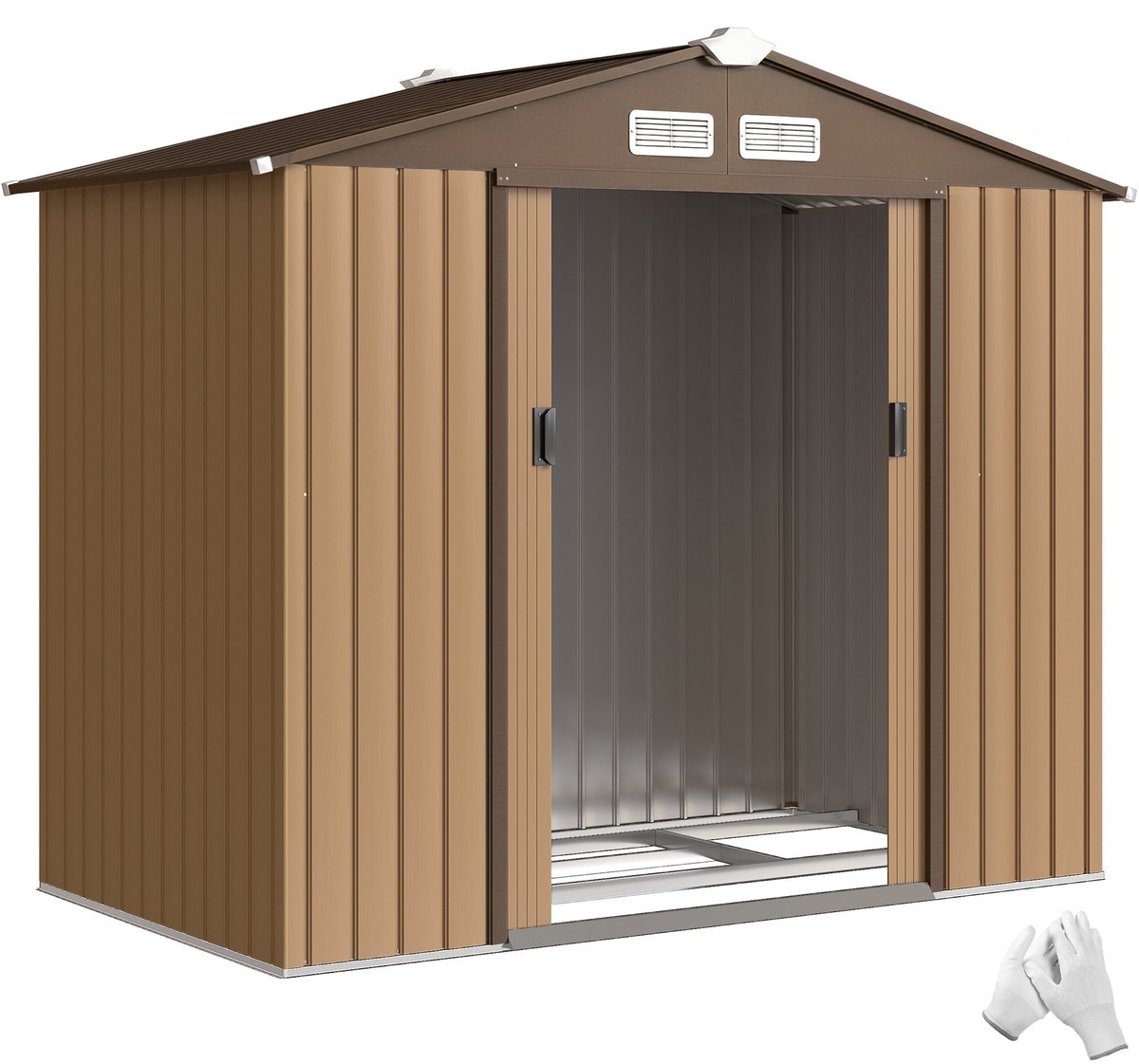 Tuinhuisje van 2,5 vierkante meter – gereedschapsschuur met fundering – 213 cm lang × 130 cm breed × 185 cm hoog – kaki-kleurig plaatstaal