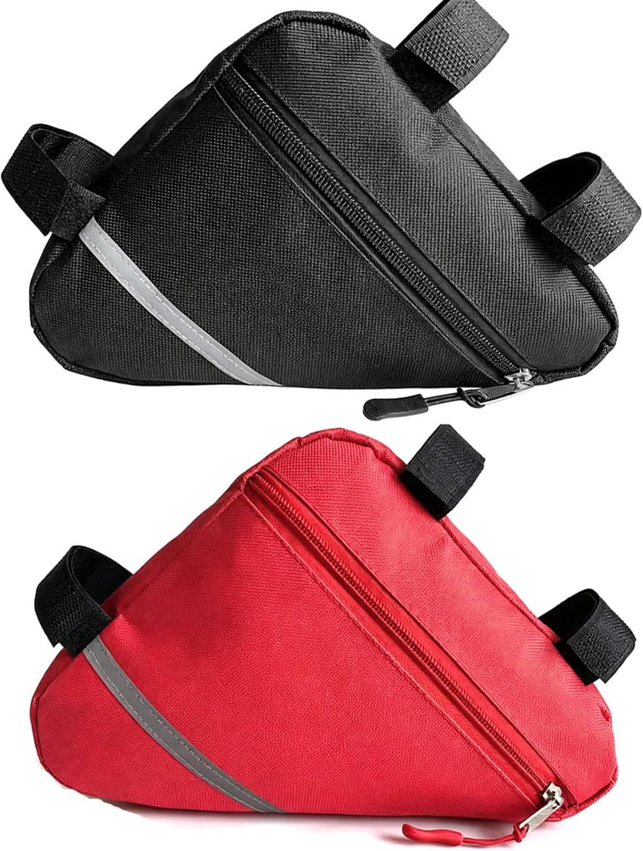 2 Stuks Groot Fiets Voorframe Driehoek Tas Set (Zwart + Rood) | Fiets Driehoek Tas, Waterdichte Nylon Fiets Driehoek Opbergtas met Dubbelzijdige Reflecterende Decoratie, voor MTB Racefiets