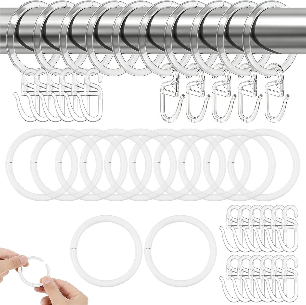 Ringen met Haken, 100 Kunststof Ringen 32 mm Binnendiameter en 100 Duurzame Gordijnhaken, Geschikt voor Gordijnroede onder 30 mm, voor Badkamer en Woonkamer