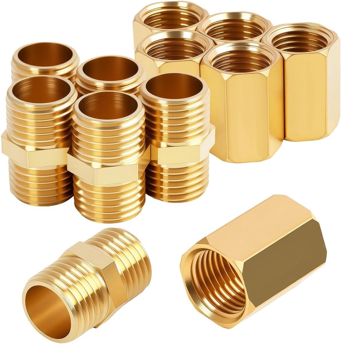 12 stuks 1/4" naar 1/4" BSP binnendraad en buitendraad messing – dubbele nippel en mof inch BSP, adapter 1/4 voor waterleiding, gas, perslucht en buisverbinding
