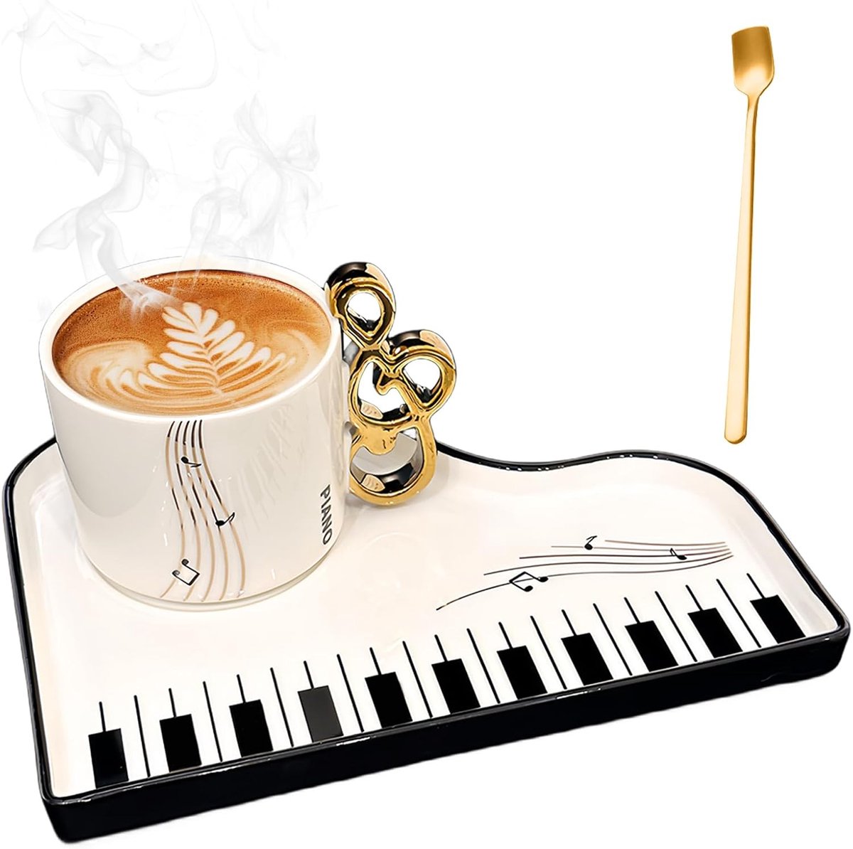 Piano koffiemok met schotel en lepel, 200 ml mochatmok, muzieknoten, keramische espressokopjes voor moeder, vriendin, verjaardag (wit)