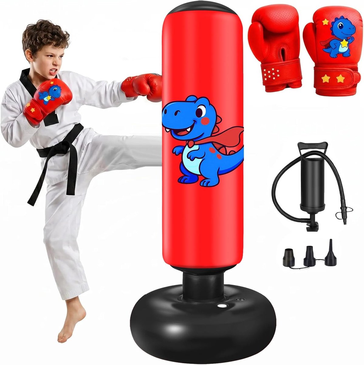 Bokszak voor kinderen, bokszak voor volwassenen, opblaasbare staande bokszak met bokshandschoenen, pomp, bokszak voor volwassenen en tieners, voor karate, kickboksen, taekwondo