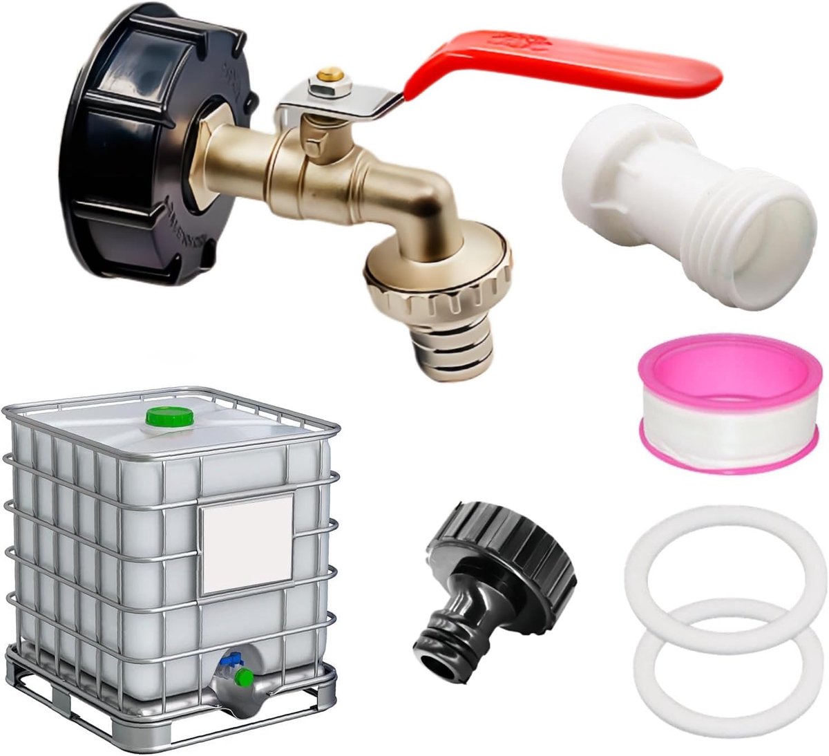 Tankaccessoires IBC-adapterset, rood, afvoerkraan 3/4 inch naar 1 inch met 107 mm verlenging IBC adapterdeksel S60 x 6 binnendraad verzonken kunststof slangnippel 7 m PTFE band