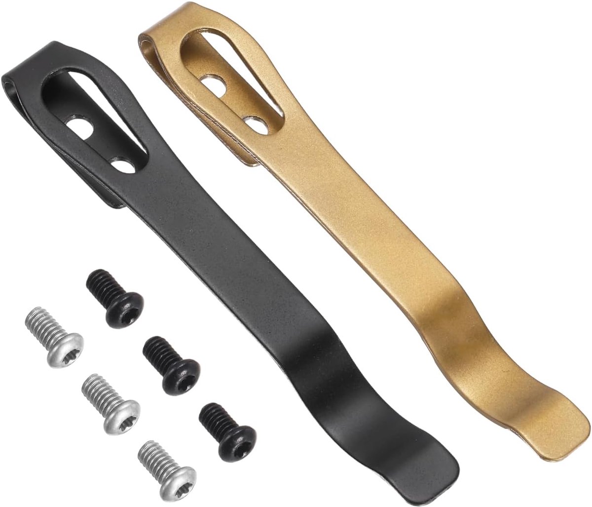 Set van 2 zakclips voor zakmessen, 66 mm lengte, 420 roestvrij staal, zwart/goud, universele diepe draagclip met schroeven, voor mannen