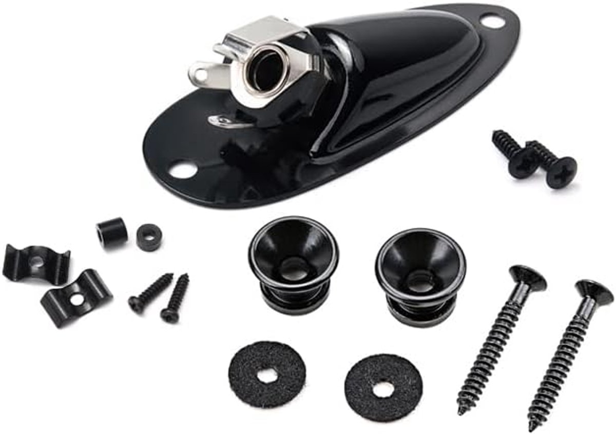 Elektrische gitaar Hardware Set Gitaar String Booe,Strap Button en Geladen Jack Socket Plaat Met Montage Schroeven Voor Gitaar Vervangende Onderdelen, Zwart