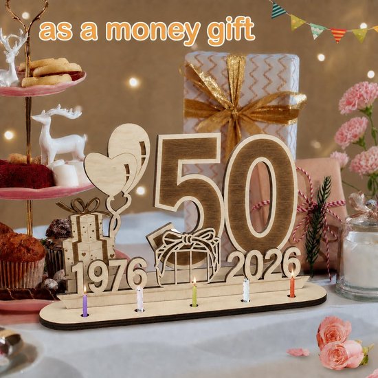 Decoratie 50e verjaardag jubileum gouden bruiloft cadeau 1976-2026 - Geldgeschenken 50e verjaardag mannen vrouwen met LED lichtketting cadeaupapier tafeldecoratie 50 houten bord gastenboek — afbeelding 3