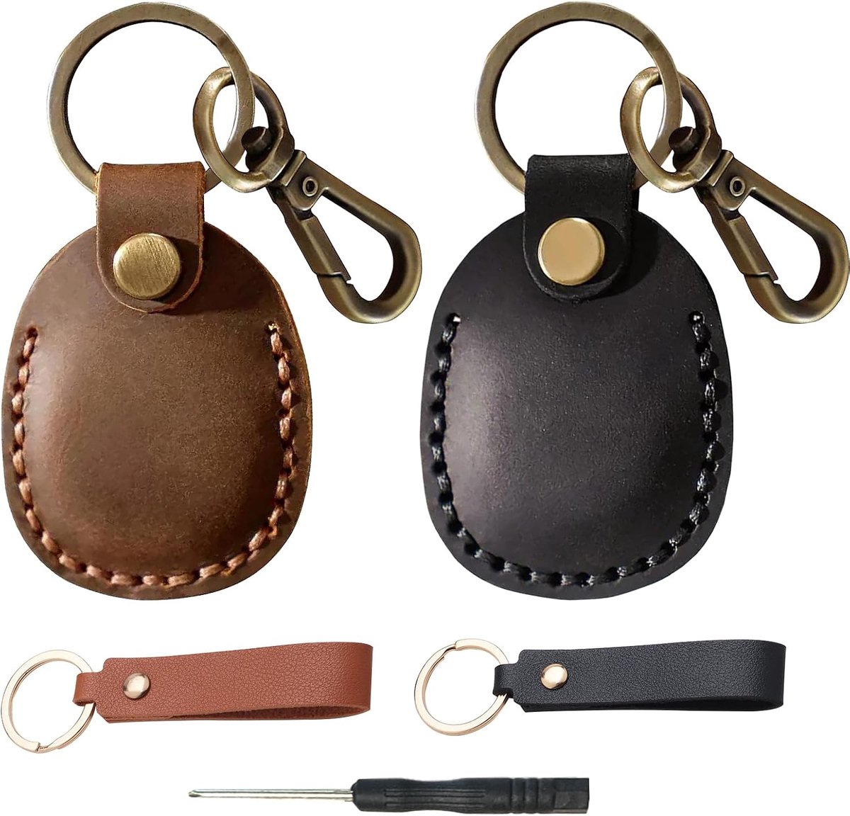 Sleutelhangers van echt leer, 2 stuks AirTag-hoesjes met sleutelhanger, draagbare sleutelhanger, compatibel met AirTag, sleutelhanger van echt leer, vintage, elegante bescherming (bruin, zwart)