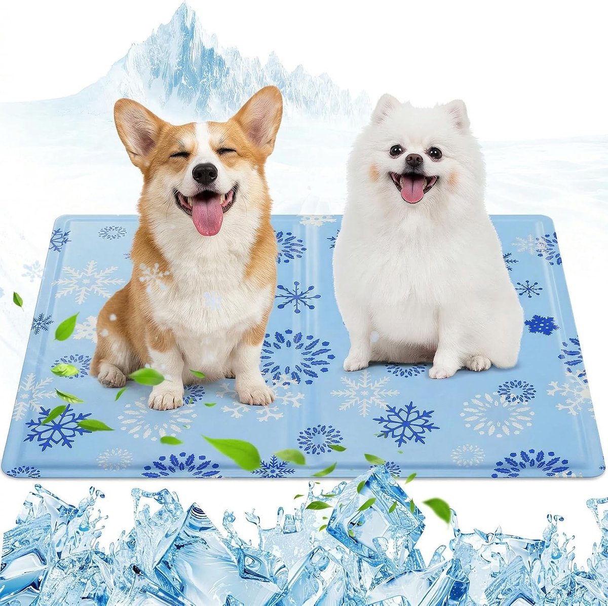 50 x 65 cm grote, digitaal bedrukte koelmat met sneeuwvlokkenpatroon voor huisdieren, kraftpapieren box, koelmat met sneeuwvlokkenpatroon, zomermatras, product ter voorkoming van hitteslag bij