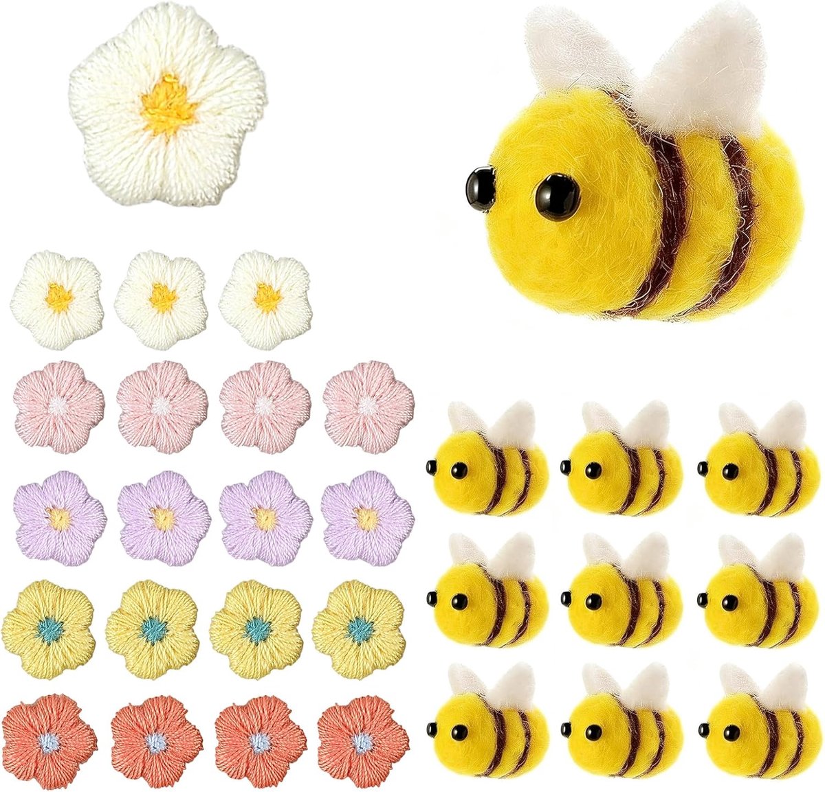 Vilten bijenset om te knutselen en te haken, 30 stuks wollen bijendecoratie, pluche bloemen, bijenpluche decoratie om te knutselen