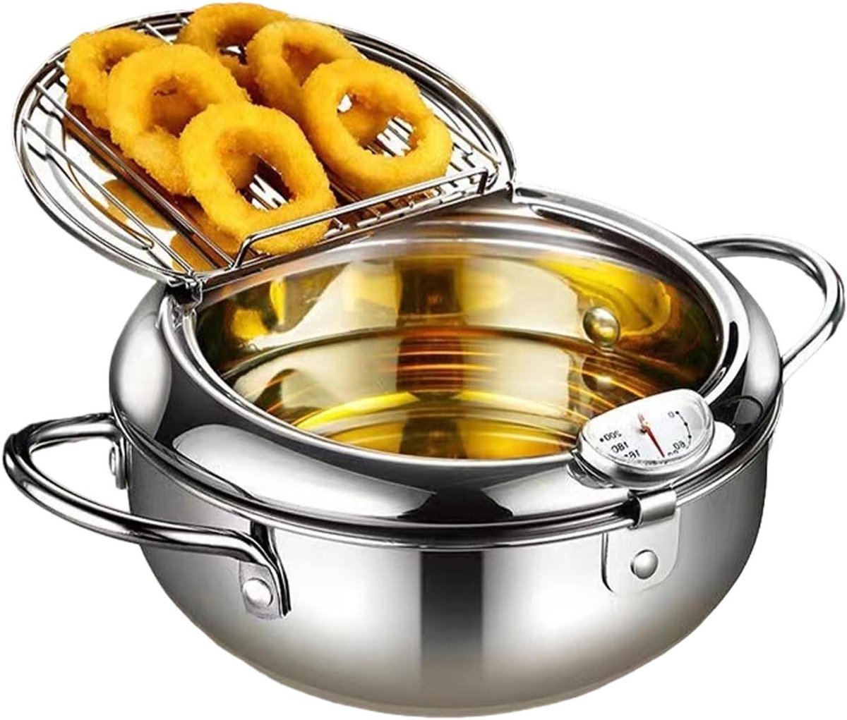 Roestvrijstalen Frituurpan - Oliepot Soeppan - Knapperig Eten Maken - Met Thermometers - 28CM - Zilver