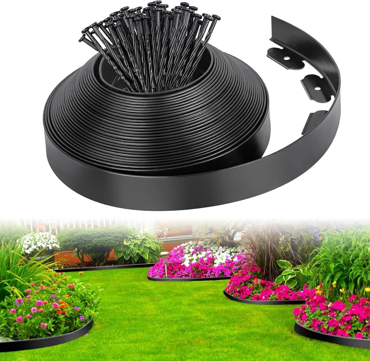 Flexibele gazonrand van kunststof, 15 m x 10 cm hoogte zwart Garden Edging Boarder, met 75 grondankers, perkbegrenzing voor set voor randlijsten, tuin, bloembed omranding