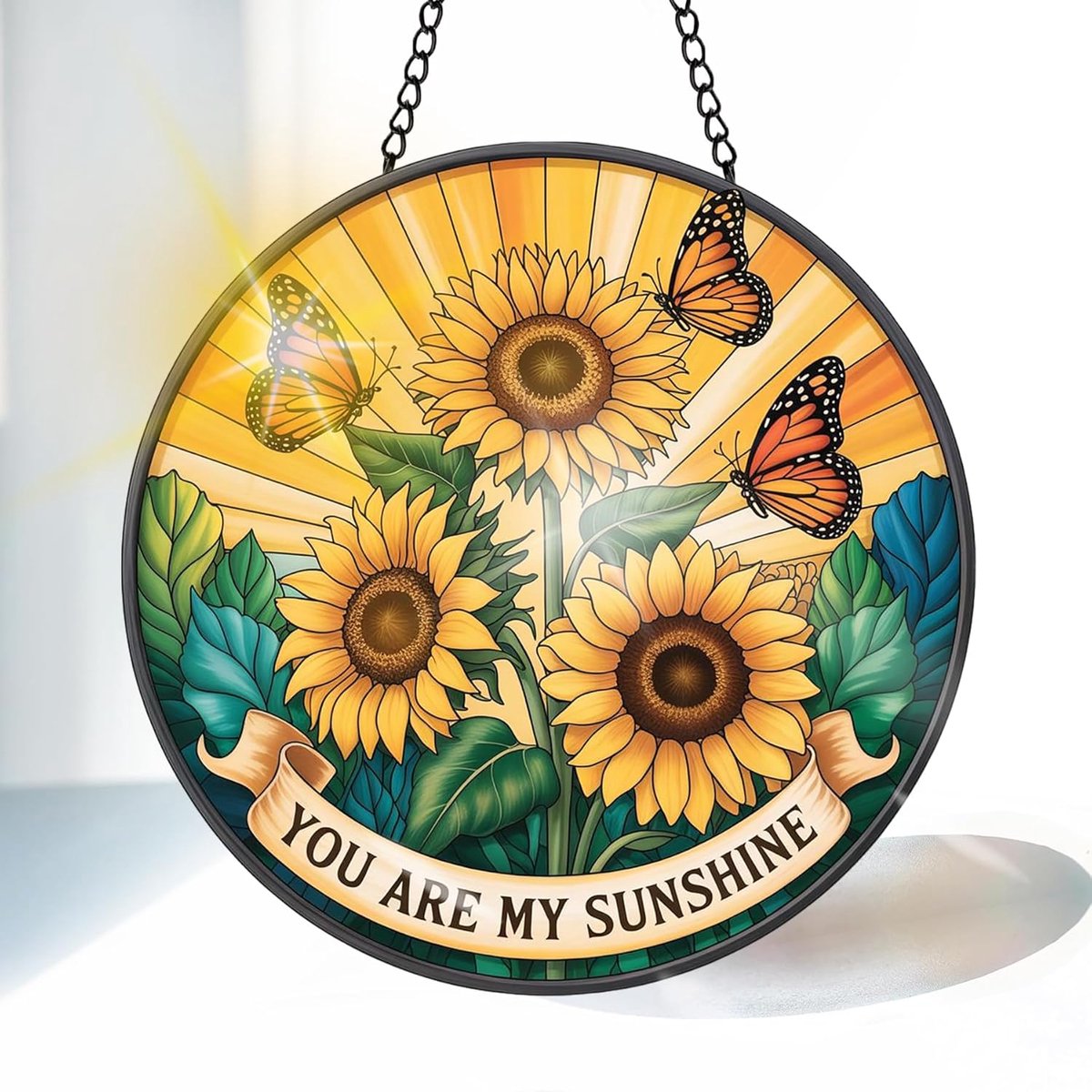 Zonnebloem Gekleurde Glas Zonnevanger 20 cm, Decoratief Bloem Glasraam Ornament met Ketting en Ophanghaak, Raamdecoratie voor Venster, Woonkamer, Tuin of Balkon, Cadeau Idee