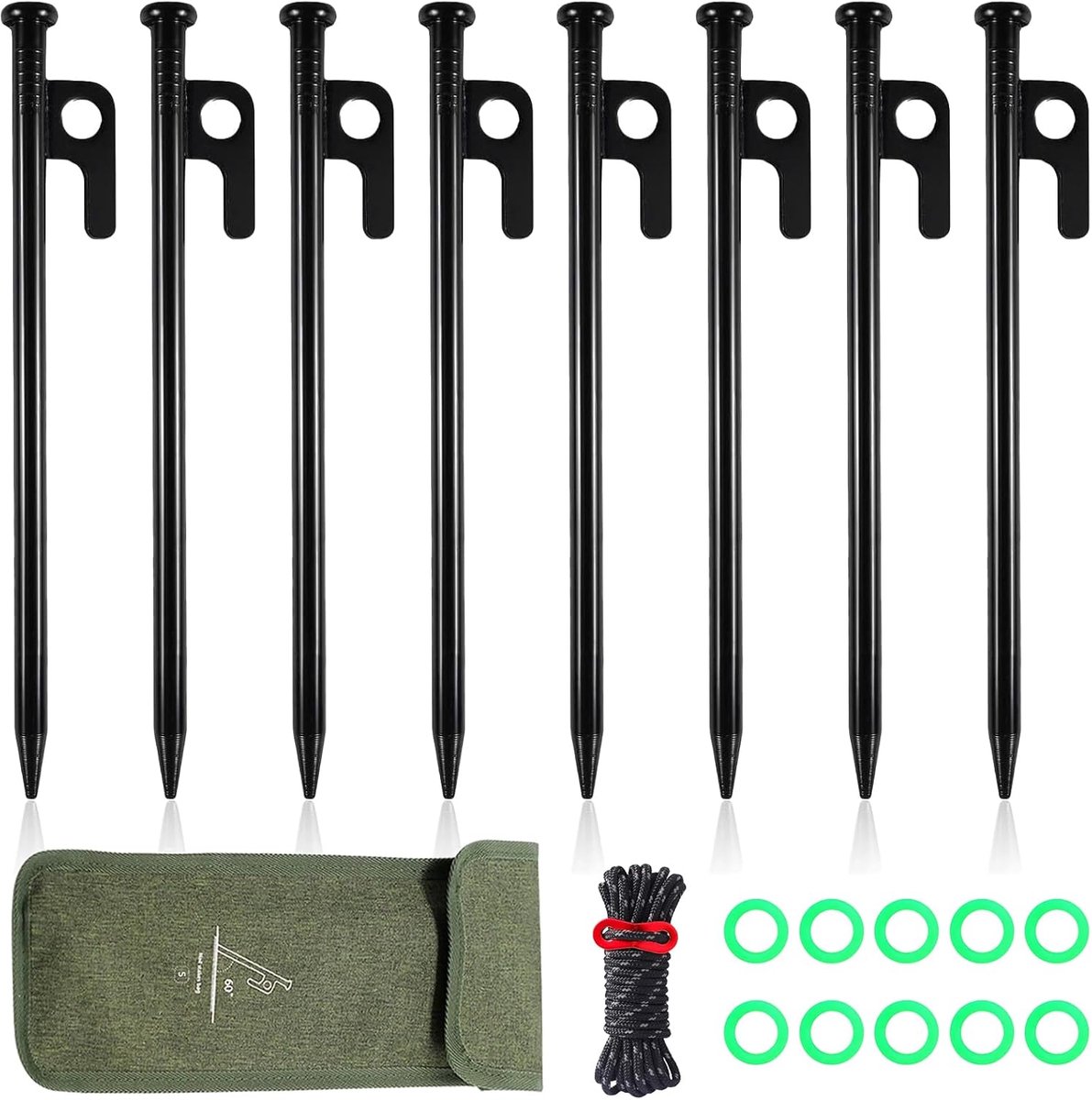 Tentharingen, stalen haringen, stormbestendige set, haringen, stevig voor kamperen en outdooractiviteiten, inclusief lichtgevende veiligheidsring en praktische opbergtas (20 cm, 8 stuks)