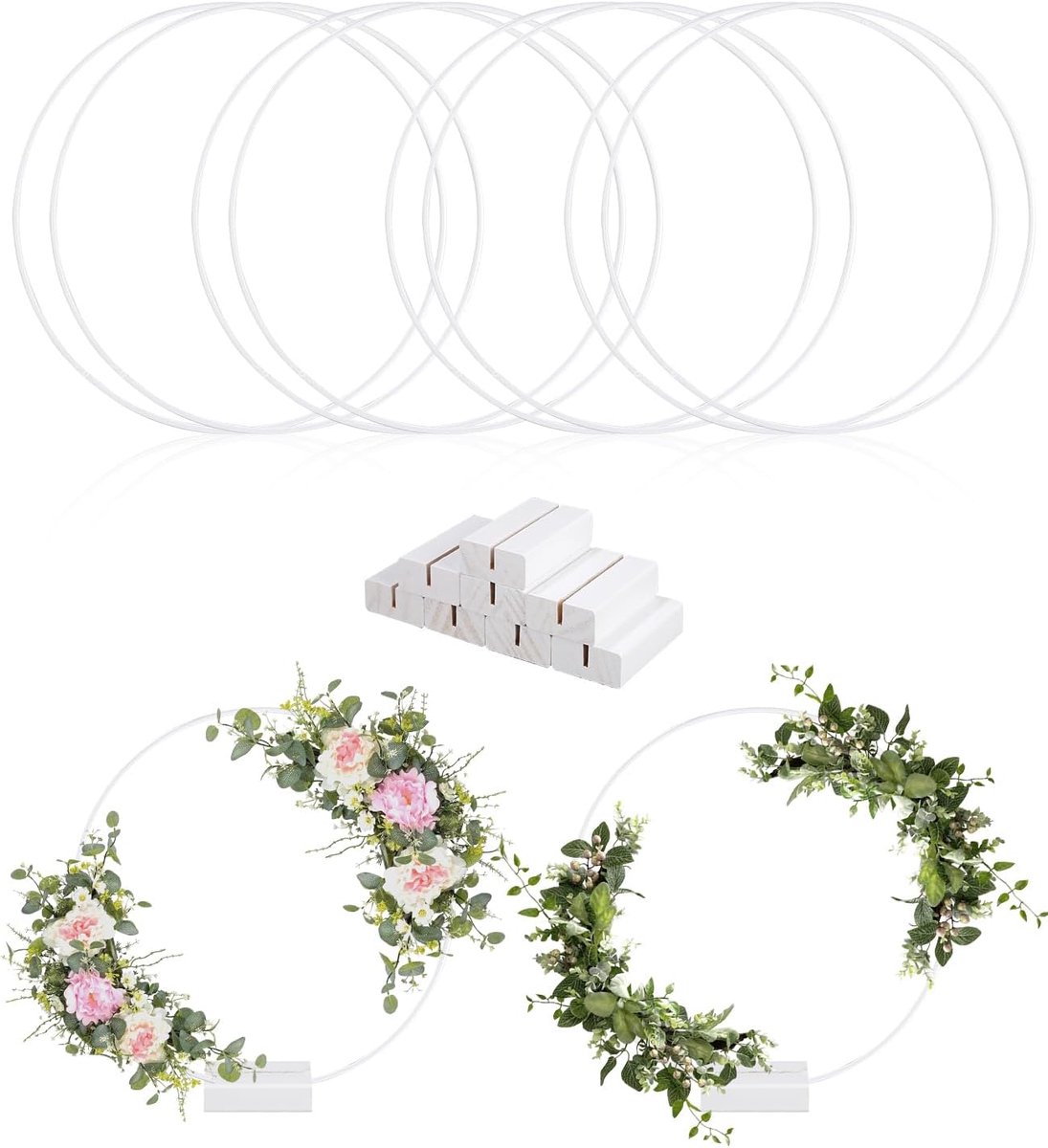 8 stuks 20 cm metalen ringen om te knutselen, goud met houten standaard met voet, witte metalen ringen met 8 stuks houten standaarden, draadringen, decoratieve ringen voor bruiloftskrans