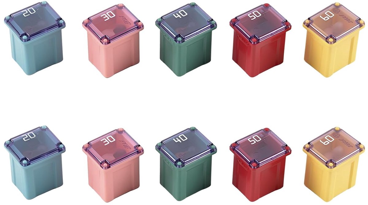 10 stuks 12 V-24 V auto, blokzekeringen 20 A 30 A 40 A 50 A 60 A laag profiel box, zekeringsset, auto micro-zekeringen, voor auto, vrachtwagen, SUV, campers, compatibele aanhangwagens elektrische