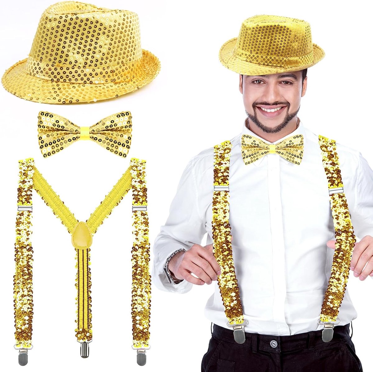 Glitteroutfit voor heren, oudejaarsavond, paillettenkostuum met glittervlinderdas, hoed, bretels, glitteraccessoires voor carnaval, Halloween, themafeest