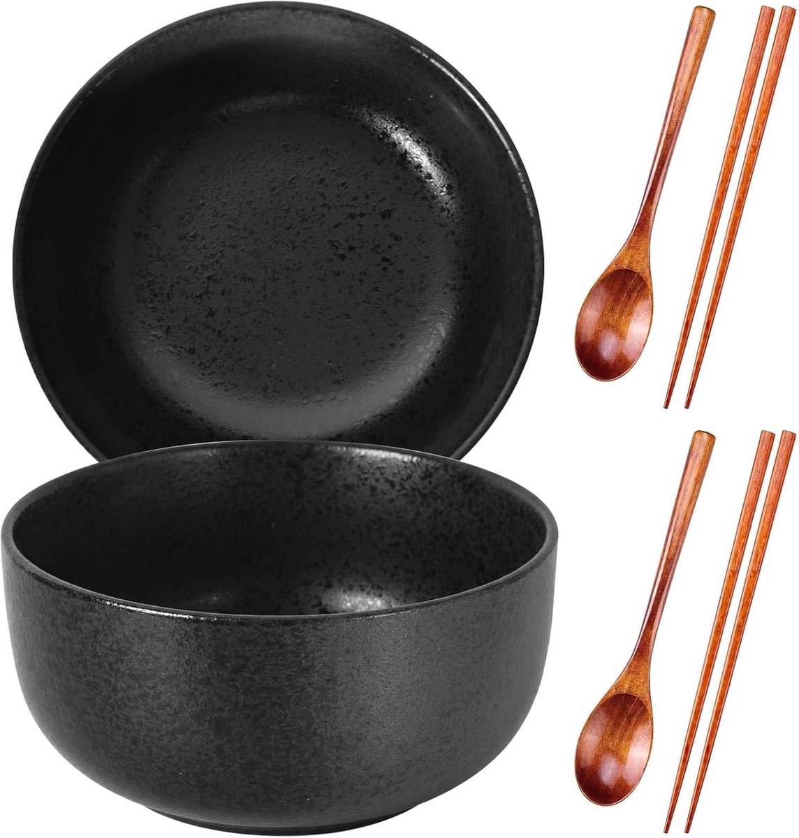 Ramen-kommenset van keramiek, 2 stuks, met eetstokjes en lepels, 1200 ml, ramenbowl-set voor instant-noedels, ho, pasta, salade, vaatwasser, Aziatisch servies (punt)
