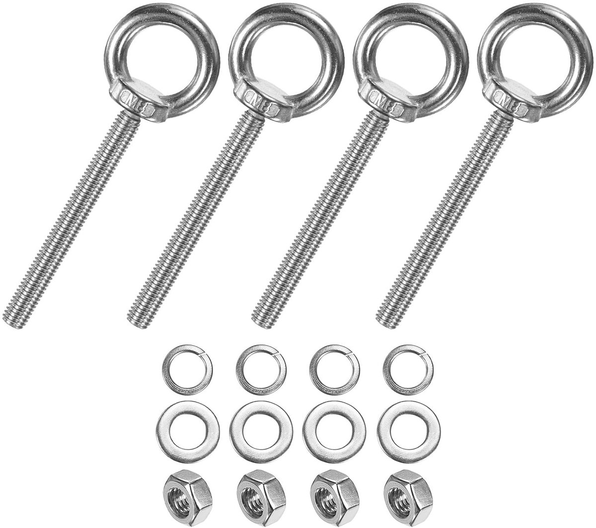 4 sets ogen van roestvrij staal M8 x 80 mm met schouder voor het optillen met moeren en schouders, lengte 8,15 inch voor ophanging/bevestiging