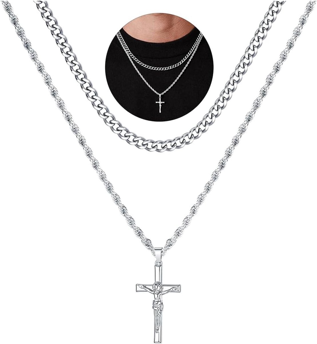 Kruisketting voor heren, set van 2 roestvrij staal, zilver, goud, zwart, halsketting, Cubaanse ketting, gelaagde kruishanger, afstuderen, verjaardagscadeaus voor mannen en jongens