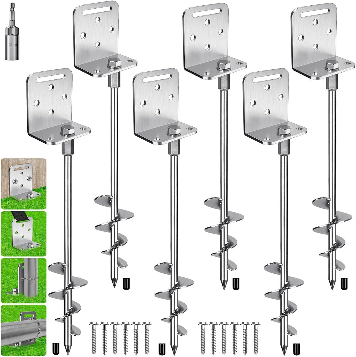 6 stuks 76 cm grondankers schroef in schuur anker 2,8 inch breed taps toelopende spiraal trampoline ankers met veelzijdige L-beugel Swing Set anker voor stacaravan, swingset, tent, luifel, carport
