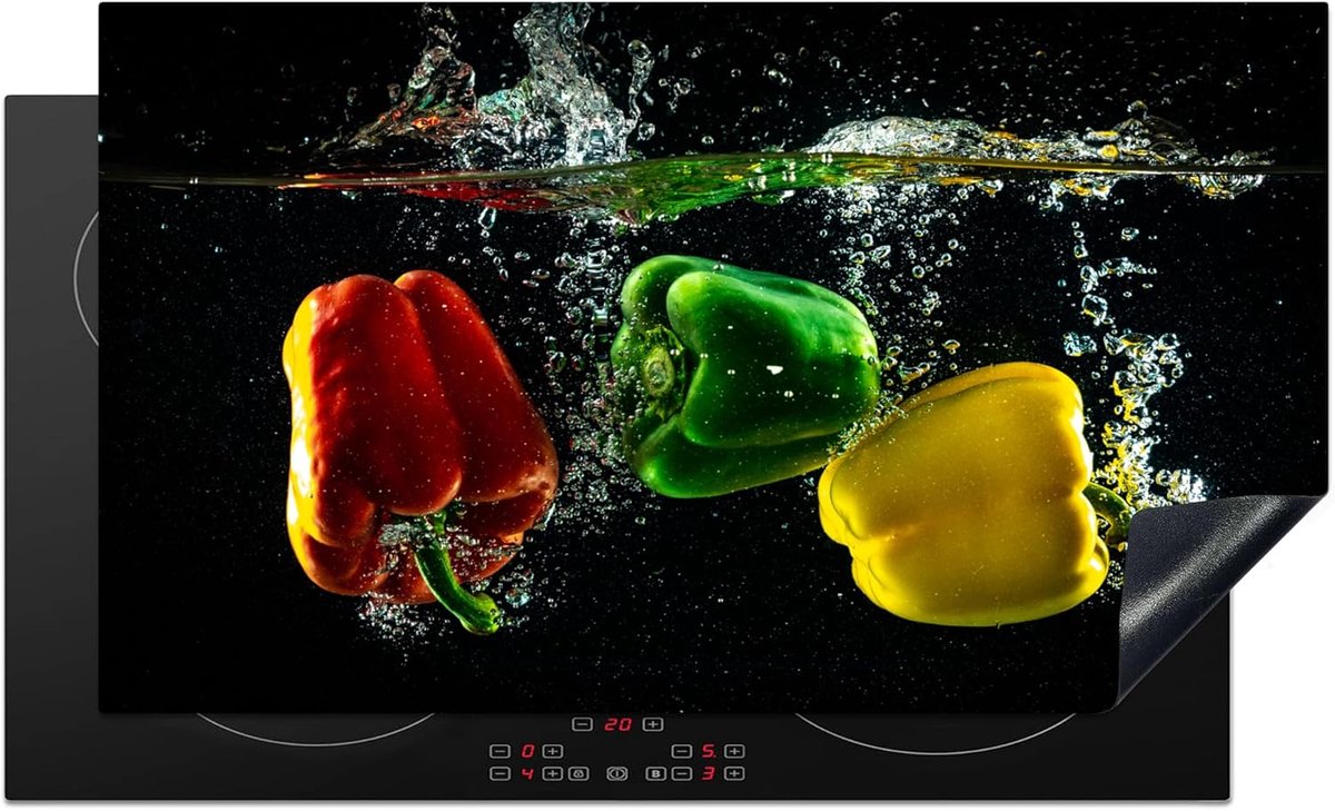 Inductie Beschermer 91x52 cm Keuken Decoratie Kookplaat Beschermer voor Inductiekookplaat Afdekplaat Anti Slip Mat - Paprika - Groente - Water - Zwart - Rood - Groen - Geel