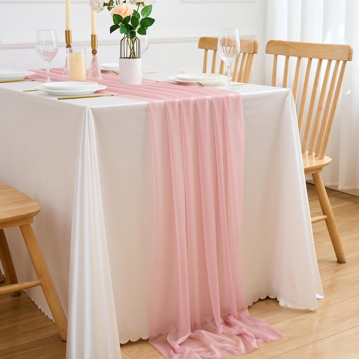 Tafelloper chiffon, roze, 75 x 300 cm, boho, katoenen gaas, rustiek, keukentafel, cheesecloth, decoratie, tafelloper, voor bruiloften, feesten, verjaardagen, babyshower
