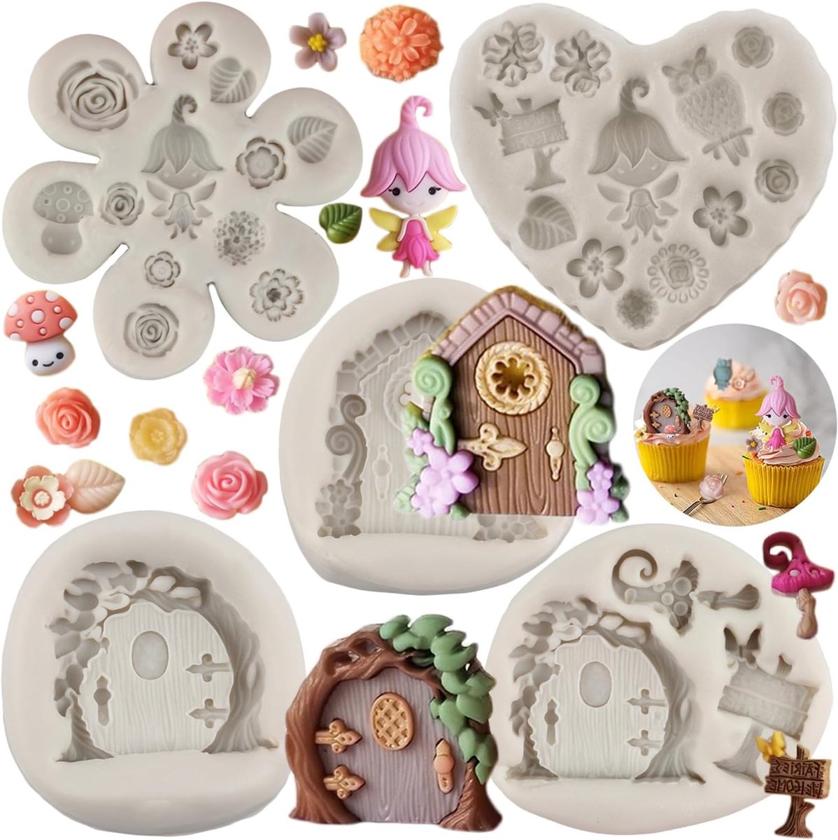Raam siliconen mallen bloem fondant mal set van 5 | Betoverde Vintage Fairy Tuin Fairy Gnome Thuis Deur Raam Siliconen Mould Cake Decorating Cupcake Candy Chocolade Gom Pasta