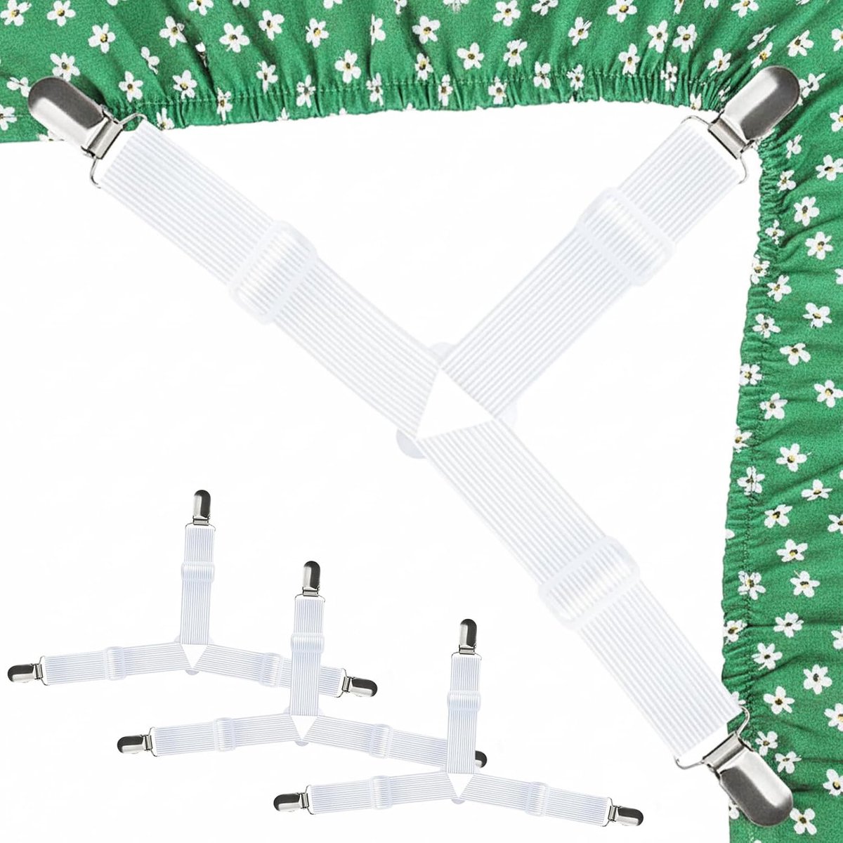4 stuks, verstelbare bedlakenspanners en hoeshoeshouder met metalen clips, driehoekige bedlakenhouder voor matras, hoeslaken, strijkplank en bankovertrek