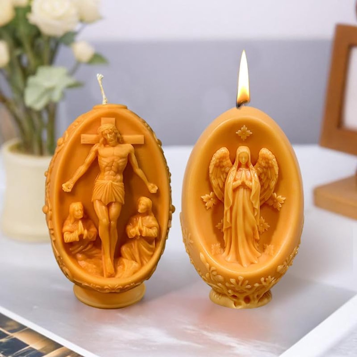 Kaarsvormen om Pasen te gieten, eivormige kaarsvorm, paaskaarsvorm, bloemen, Jezus en de Maagd Maria (Jezus)