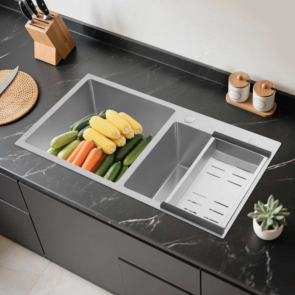 Roestvrijstalen spoelbak dubbele wastafel 78 x 43 cm - roestvrij staal - met afdruipmand - geluidsarm afwassen - SnelShoppen