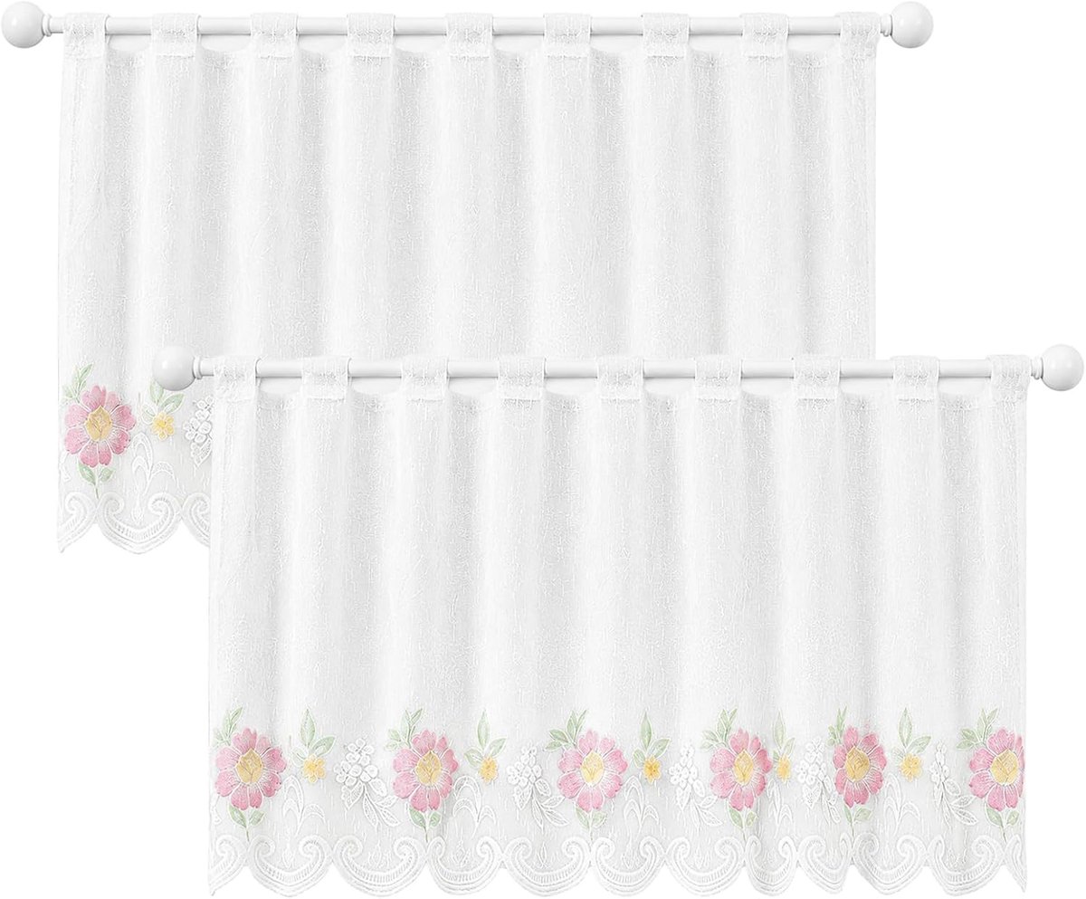 2 stuks keukengordijnen, kort, vitrage, L 90 x H 45 cm, kort gordijn, wit met delicate jacquard-patronen, bloemen, moderne keukengordijnen, vitrage, voor binnenramen