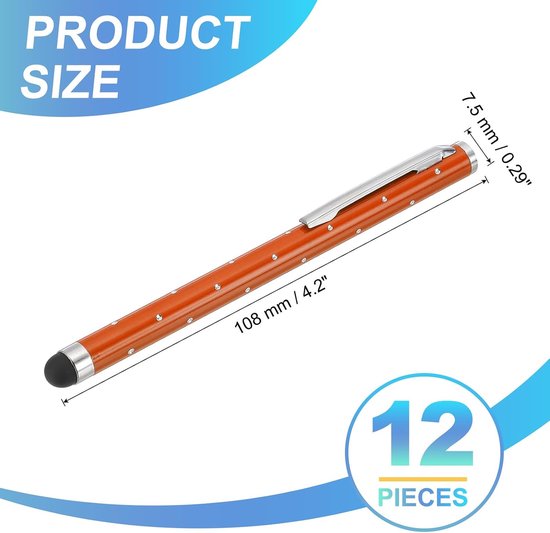 Styluspennen voor aanraakschermen, 12 stuks, hoge precisie, universele bling-stylus, kristal, metalen capacitieve pen voor touchscreen-apparaten, telefoon, tablet, laptop, oranje — afbeelding 5