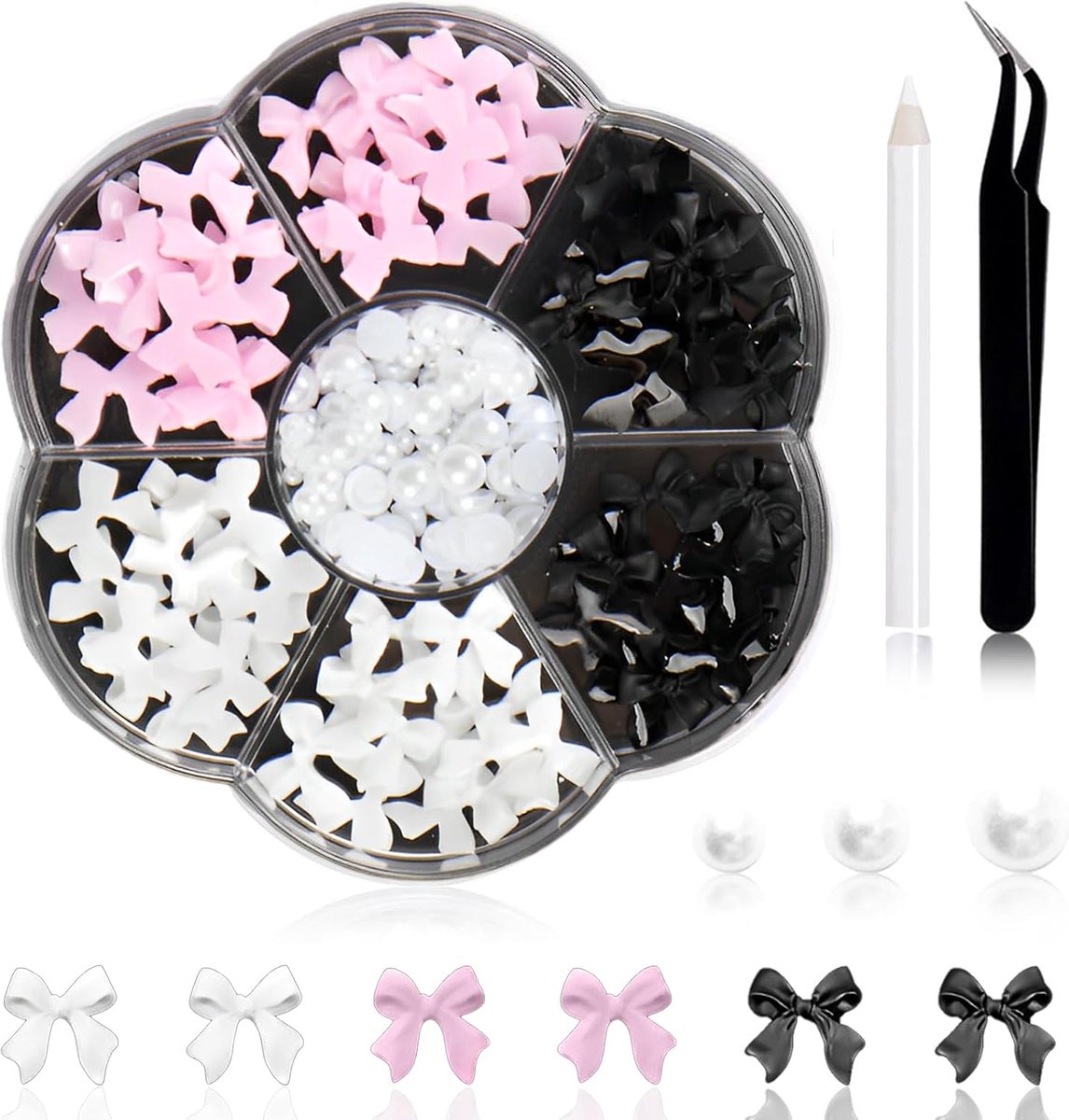 1 doos nail art decoratie, strikparels nageldecoraties, nagelhanger, strik, wit, roze zwart, schattige nagelhanger, vlinder, nagelsieraden voor manicure doe-het-zelf handwerk, sieraden