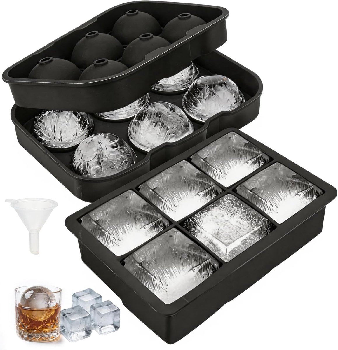 siliconen, met deksel, ijsblokjeshouder, 6 vakken, 5 cm en 6 vakken, grote ijsblokjes, rond, rechthoekig, BPA-vrij, ijsblokjesvorm voor whisky, cocktails, dranken