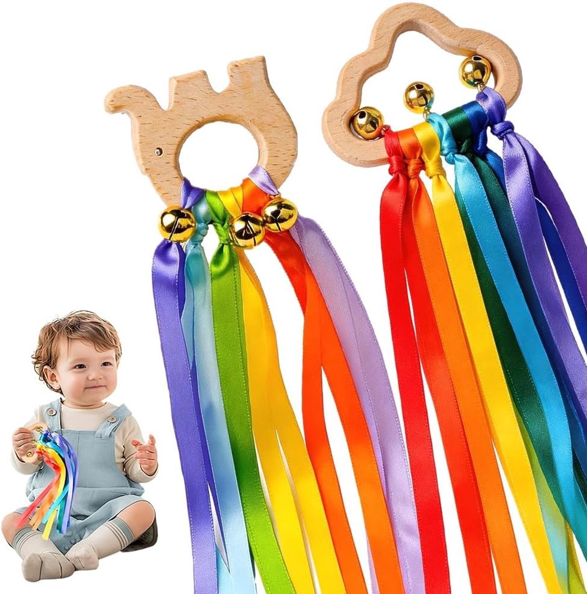 rammelaar, regenboog, rammelband van hout, 2 stuks, houten speelgoed, educatief speelgoed voor gehoorontwikkeling en tandontwikkeling, ideaal voor El Juego Sensorial Y El Gateo