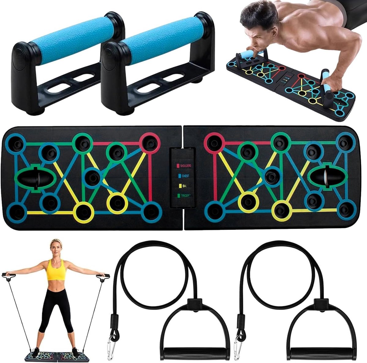 Board, Draagbaar, Push-up Standaard met Antislip Handgrepen en 2 Trekkoorden, Opvouwbare Push-ups met Antislip Handgreep, Multifunctioneel voor Binnen, Sportschool, Buiten Oefeningen