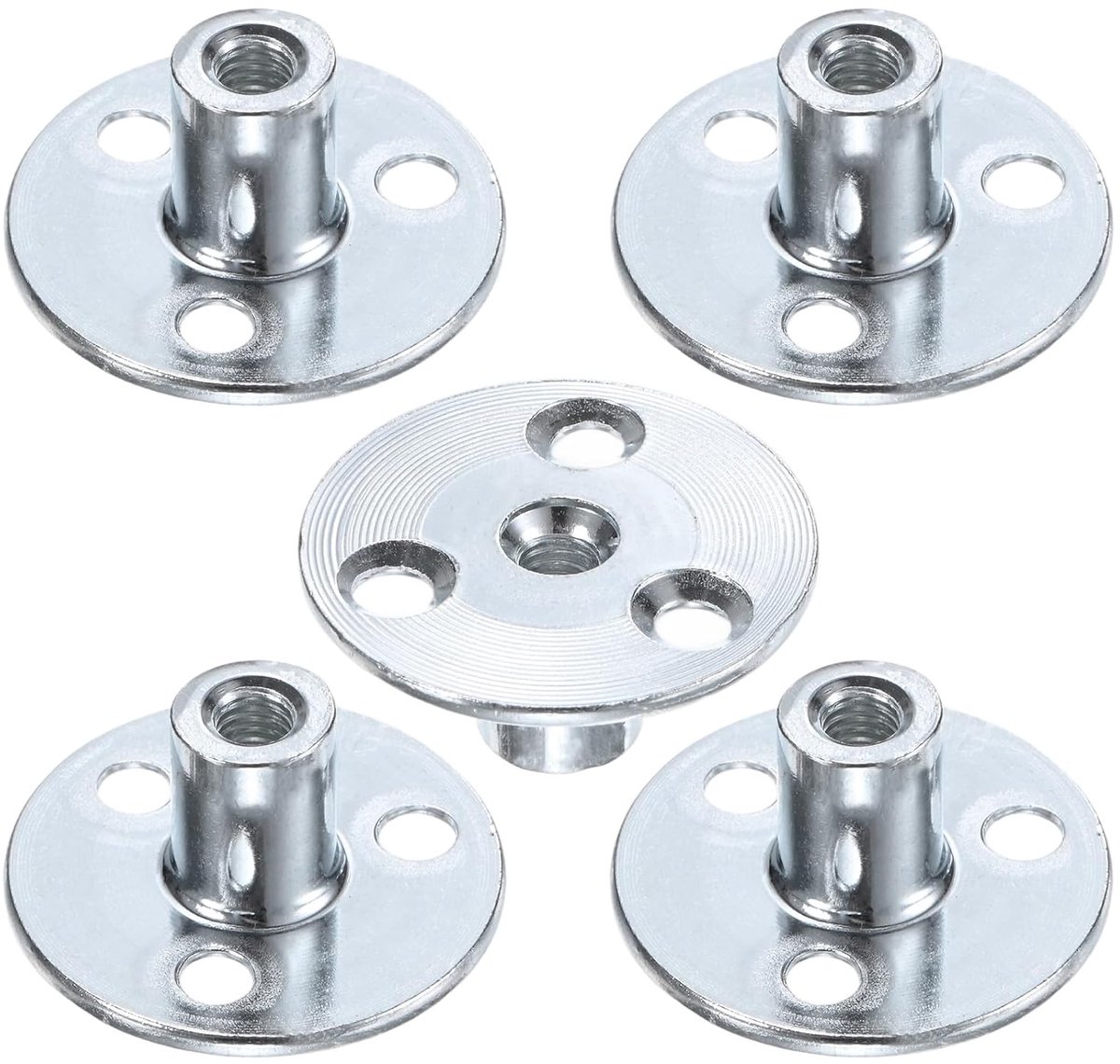 5 stuks, M6 x 17 mm, T-groefs, verzinkt, koolstofstaal, thee-moer, ronde sokkel, 3 gaten, moeren om te solderen, doorgaand gat, hardware voor meubels, binnendraad, zilveren schroefdraad