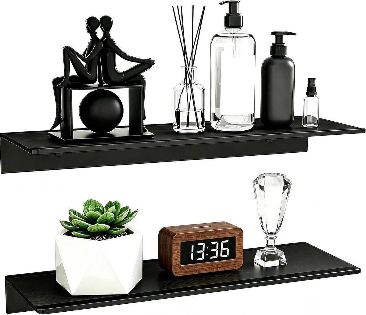 Set van 2 wandplanken, zwart, 40 cm, metalen doucheplank | Massief waterdicht | roestvrij aluminium, belasting 10 kg, decoratieve planken voor muren voor frames, planten, douchegel