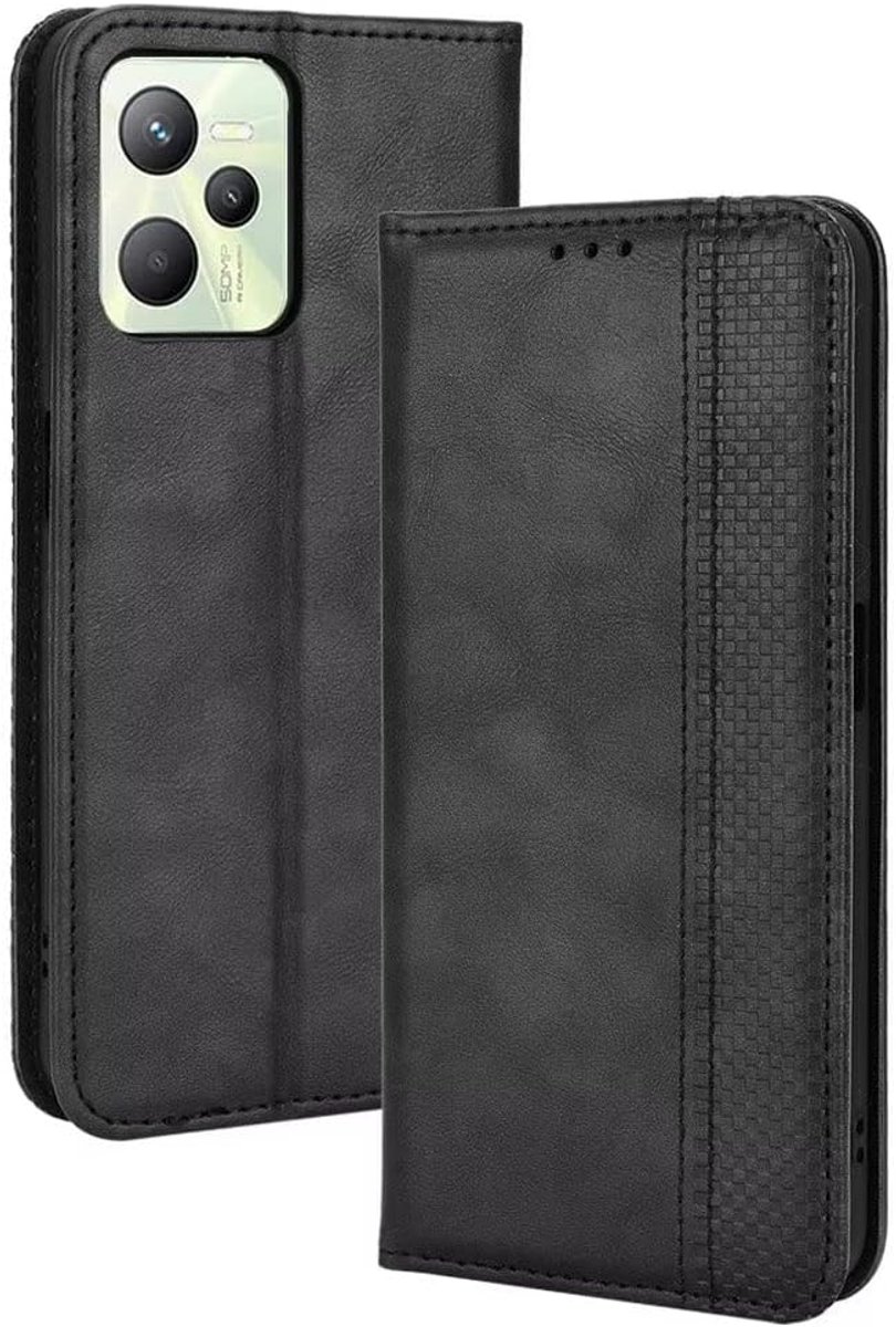 Telefoonhoesje voor Realme C35 / Realme Narzo 50A Prime, 6,6 inch, PU-lederen klaphoesje, magnetische schakelaar, [3 kaartsleuven, 1 portemonnee], standaard, zwart