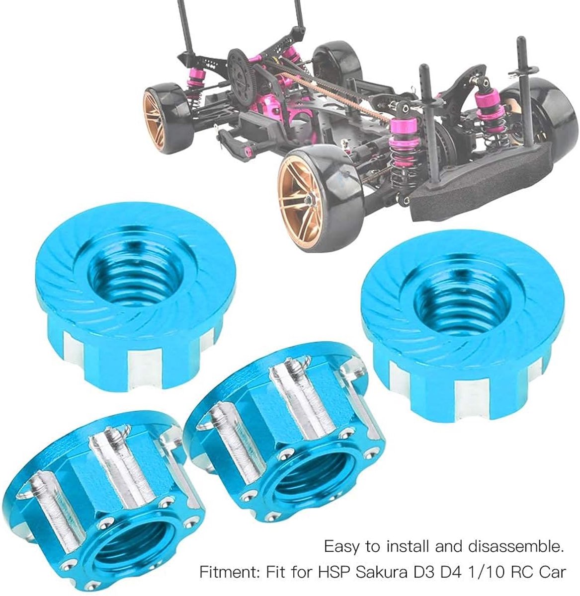 4 stks M4 Zeshoekige Noten 9mm RC Wielnaaf Adapter Moer Anti-Stofkap voor D3 D4 1/10 RC Auto Vervanging(blauw)