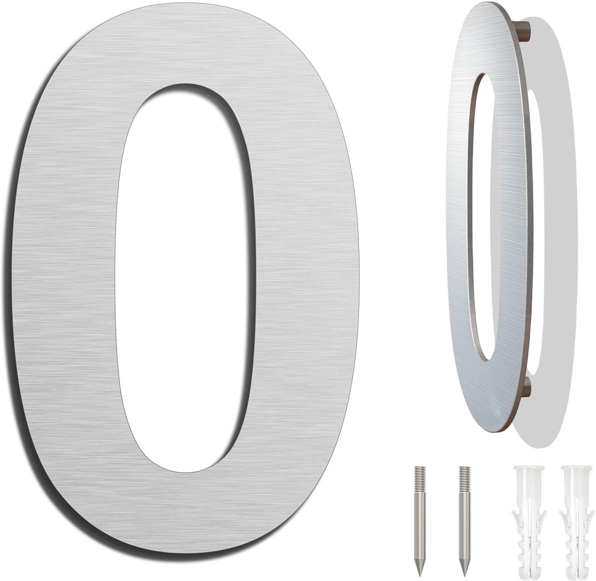 Stalen huisnummer groot, weerbestendig en onderhoudsvriendelijk, metallic matte zilveren afwerking, moderne zwevende look en eenvoudige installatie, hoogte 203 mm, Arial cijfer 0