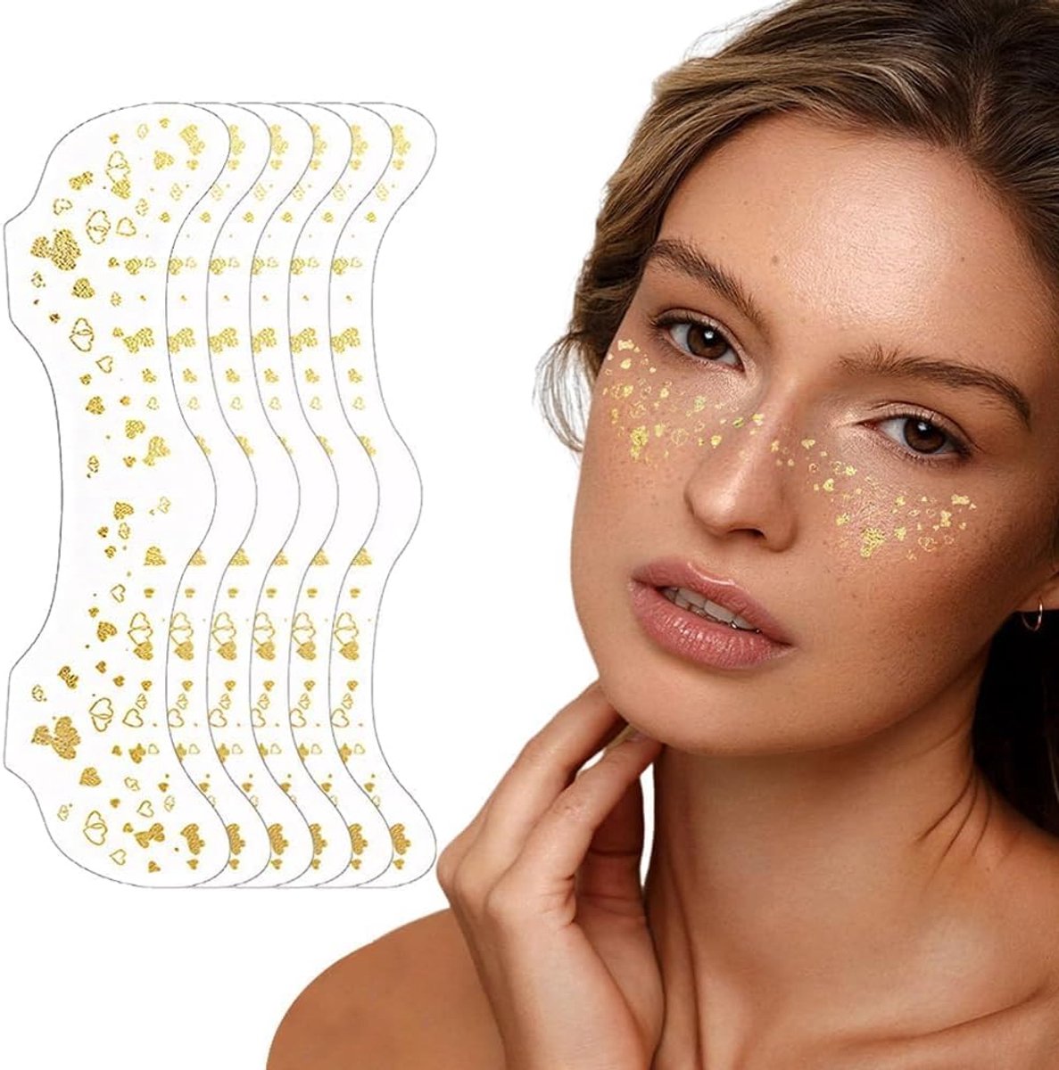 6 vellen waterdichte sproeten tatoeages, gouden flash make-up stickers, fake freckles gezichts-tattoostickers voor Halloween, muziekfestivals, maskerade en feestdecoratie (goud-1)