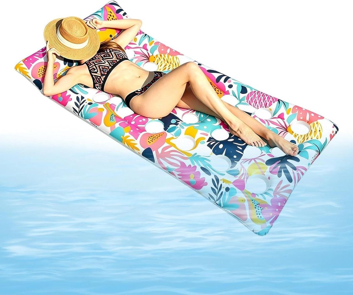 Opblaasbaar Zwembadbed - Luchtbed Strandbed - Ontspannen op Water - Met Hoofdsteun - 168x90cm - Tropisch Bladprint