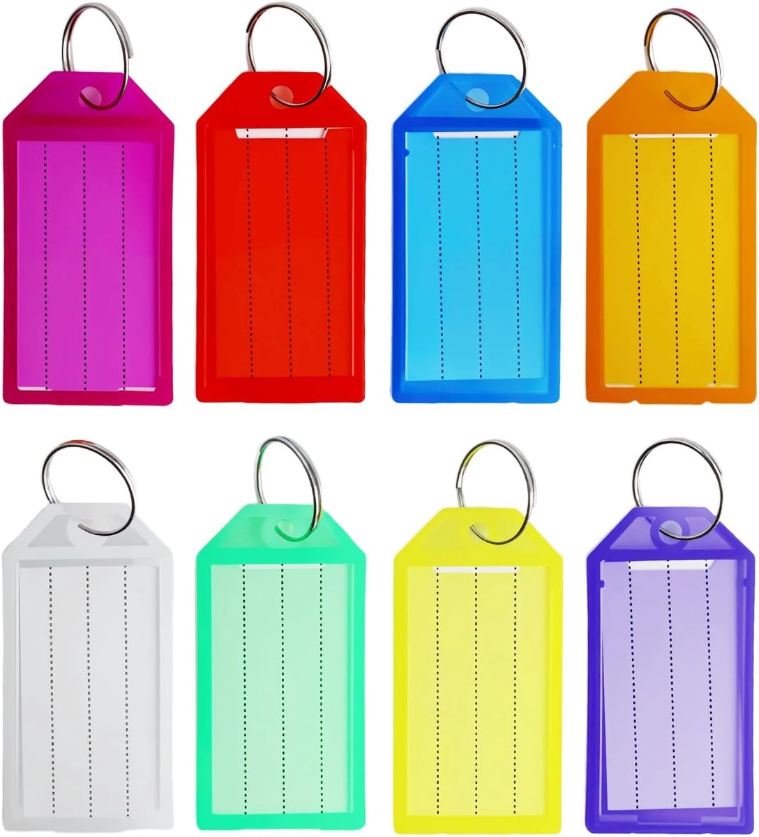 32 stuks beschrijfbare sleutelhangers met verwisselbare labelkaarten en gedeelde ring, 8 kleuren van robuust kunststof, sleutelhanger, opschrift