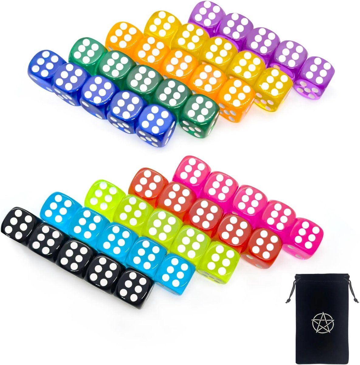 50 stuks dobbelstenen, 6 zijdige speeldobbelstenen, 10 kleuren, dobbelstenen set van acryl 14 mm, kleurrijke dobbelstenen met steekzakken, dobbelstenen set met opbergdoos voor tafelspelletjes