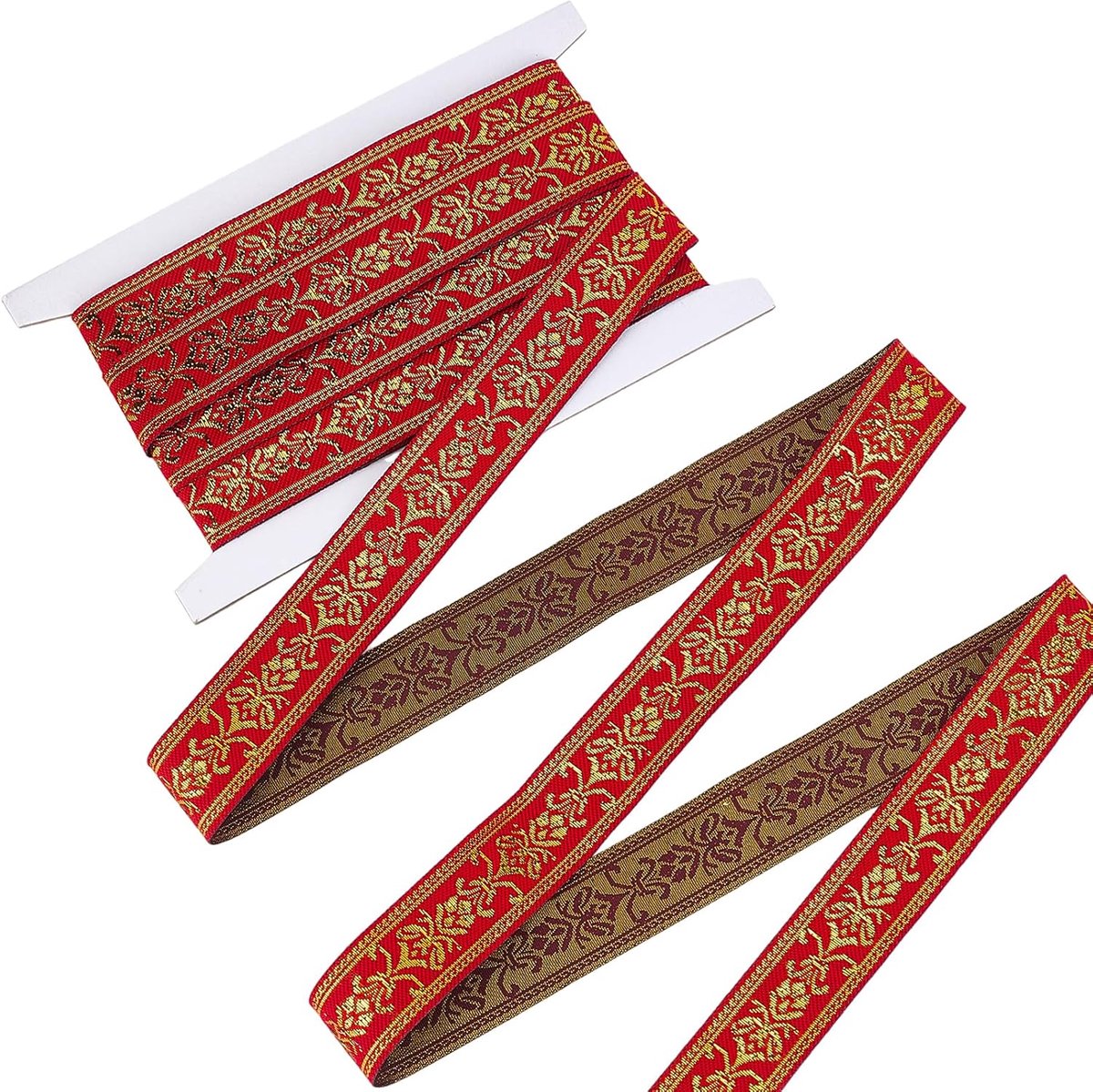8 Yards Rode Bloemen Jacquard Band 2,5 cm Brede Goudkleurige Etnische Mooie Jacquard Riem. Vintage Boho Geweven Geborduurde Band Voor Doe-het-zelf Kleding En Tassen Maken