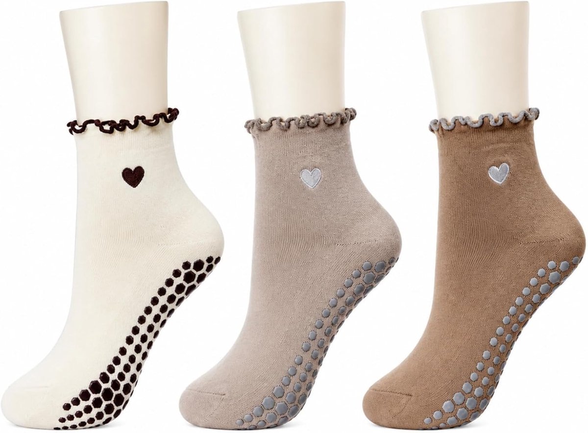 Sokken dames yoga stoppersokken hart borduurwerk ruches 35-40 | Siliconen noppen, antislipsokken met gripnoppen, 3 kleuren, geschikt voor ballet, bar, thuis, trampoline